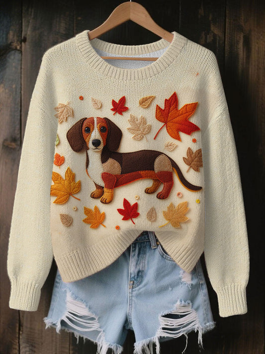 Women's Vintage Autumn Fallen Patchwork Dog Print Art Casual Knitted Sweater