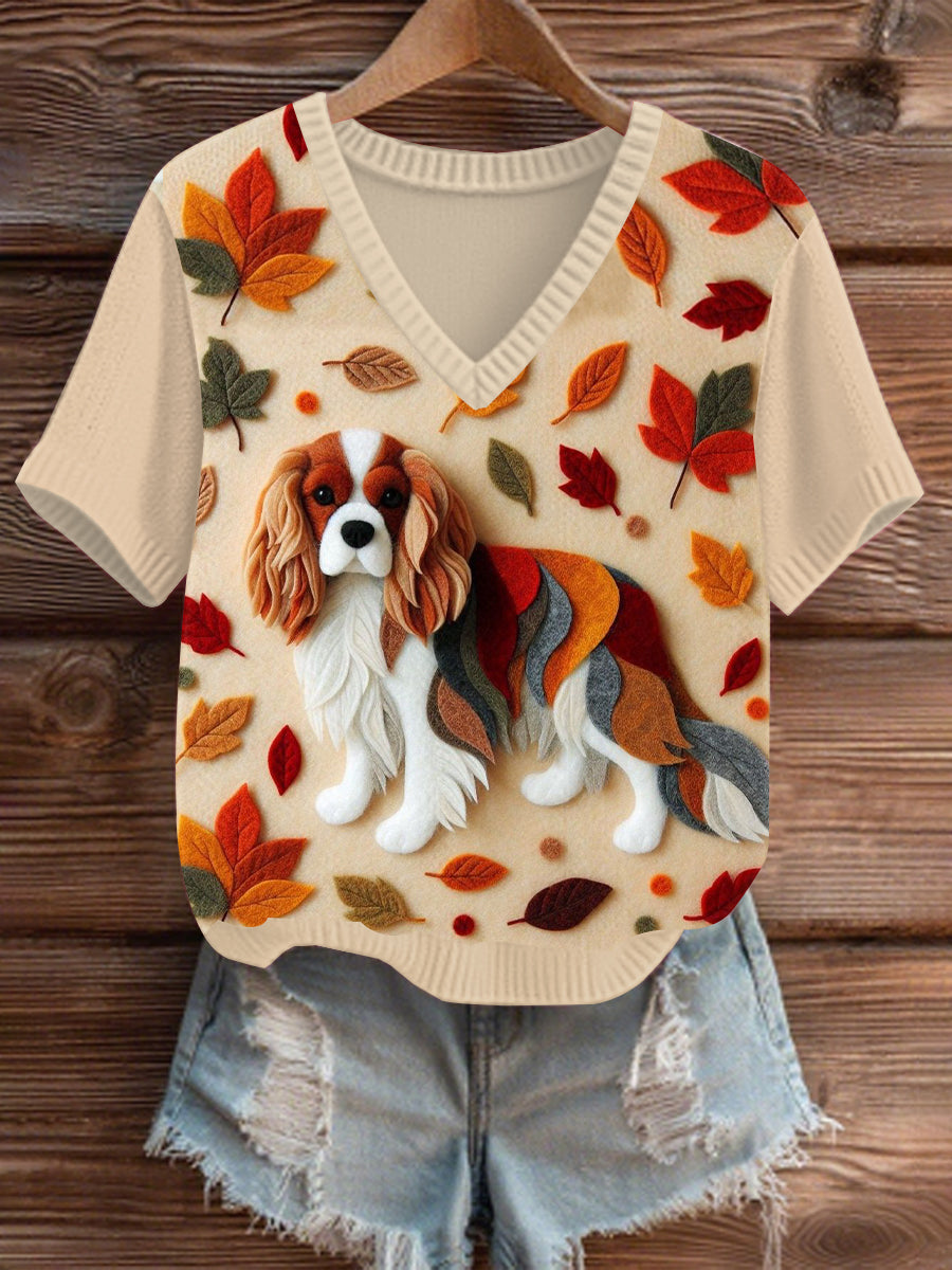 Women's Autumn Fallen Patchwork Dog V-Neck Comfortable Knit Sweater