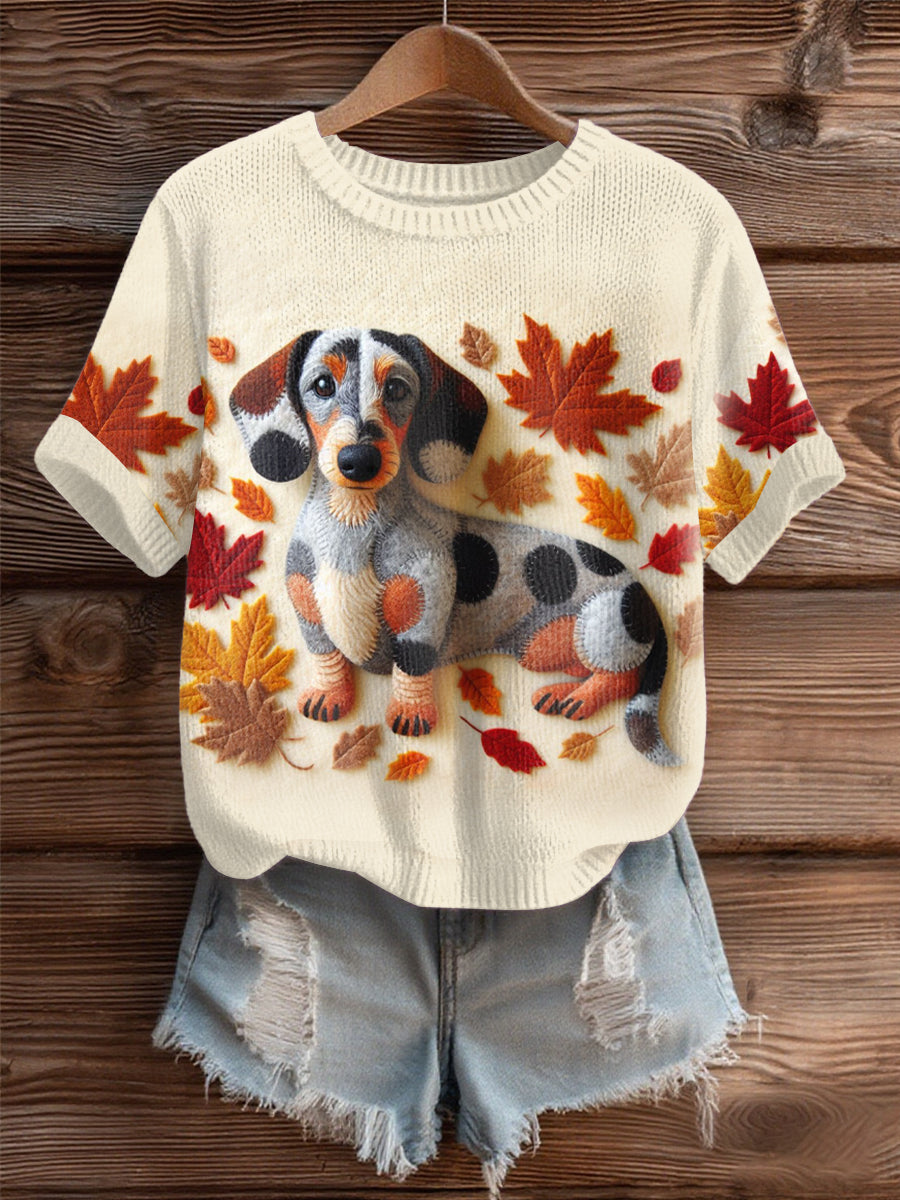 Women's Autumn Fallen Patchwork Dog Cozy Knit Sweater