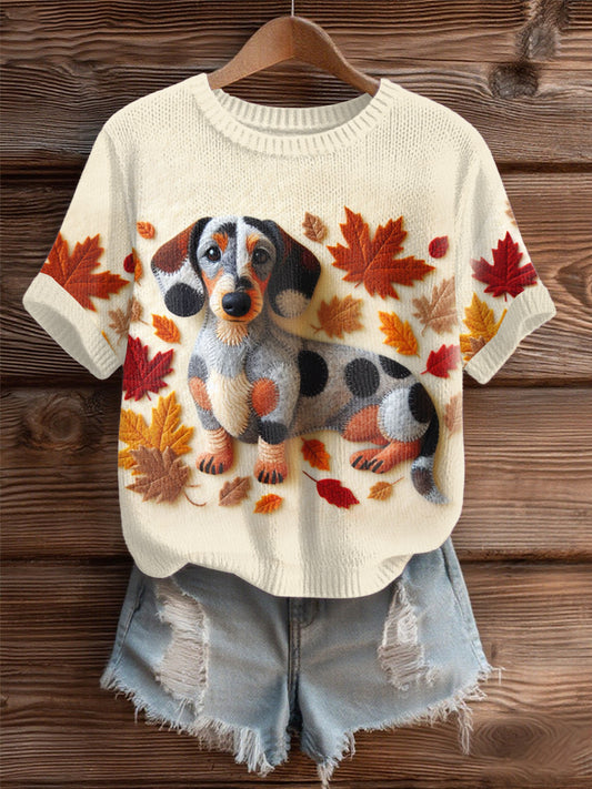Women's Autumn Fallen Patchwork Dog Cozy Knit Sweater