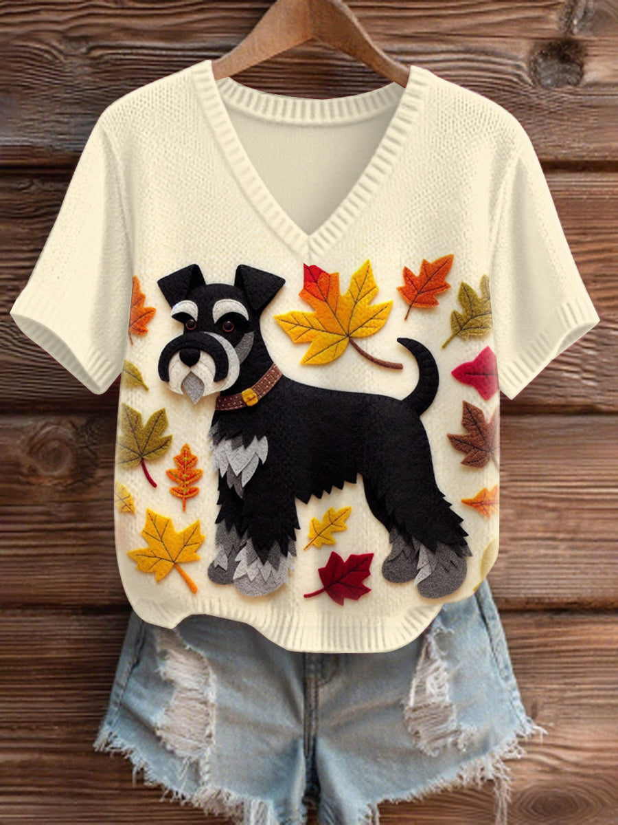 Women's Autumn Fallen Patchwork Dog V-Neck Comfortable Knit Sweater
