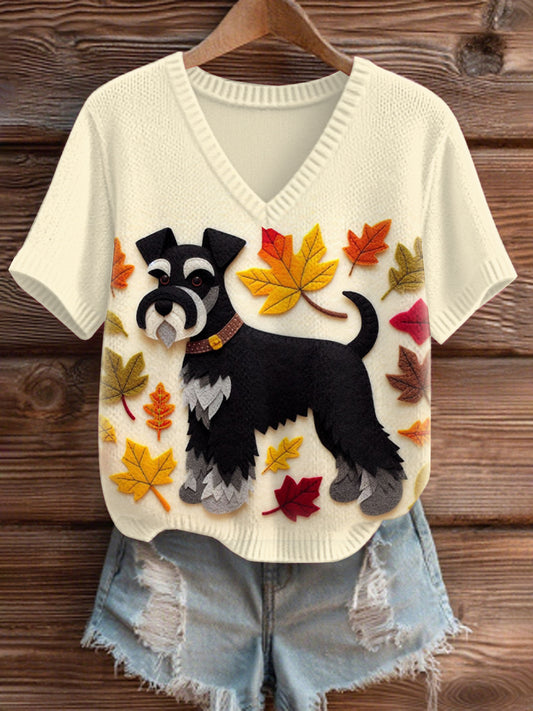 Women's Autumn Fallen Patchwork Dog V-Neck Comfortable Knit Sweater