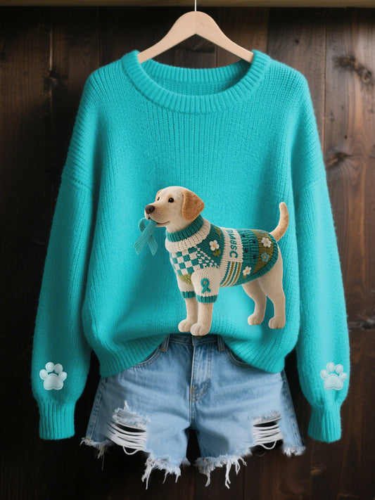 Women's Teal Ribbon Teal Dog Print Ovarian Cancer Awareness Sweater