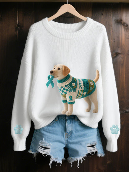 Women's Teal Ribbon Teal Dog Print Ovarian Cancer Awareness Sweater