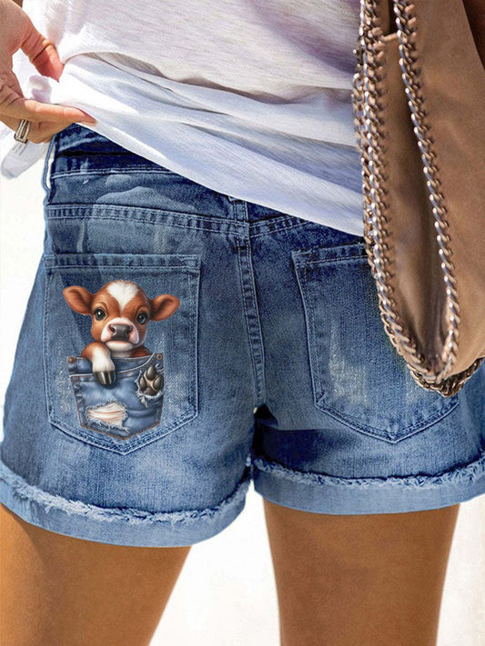 Women's Calf Print Denim Shorts