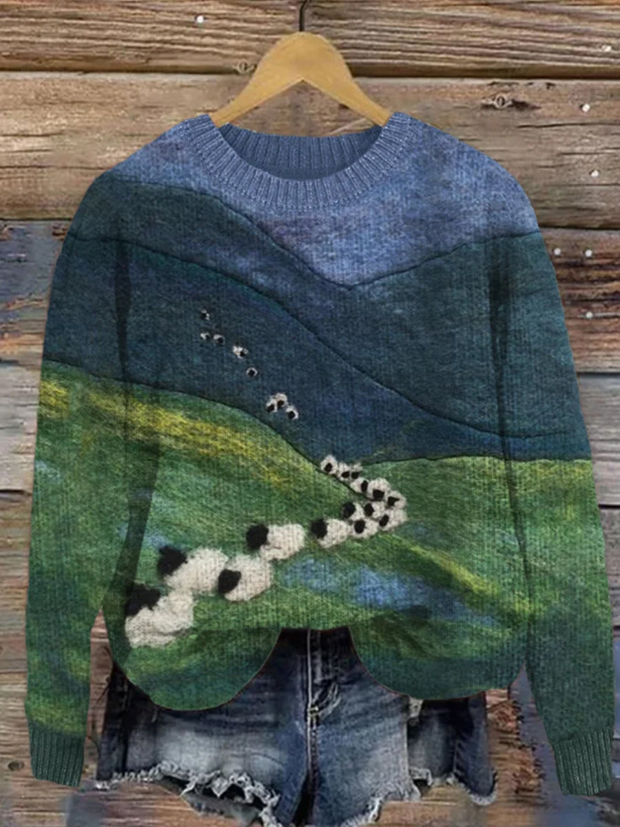 Women's Sheep Mountains Landscape Felt Art Cozy Sweater