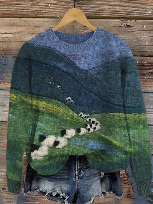 Women's Sheep Mountains Landscape Felt Art Cozy Sweater