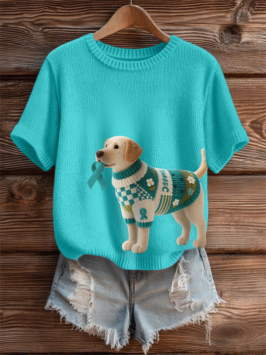 Women's Teal Ribbon Dog Print Ovarian Cancer Awareness Tee