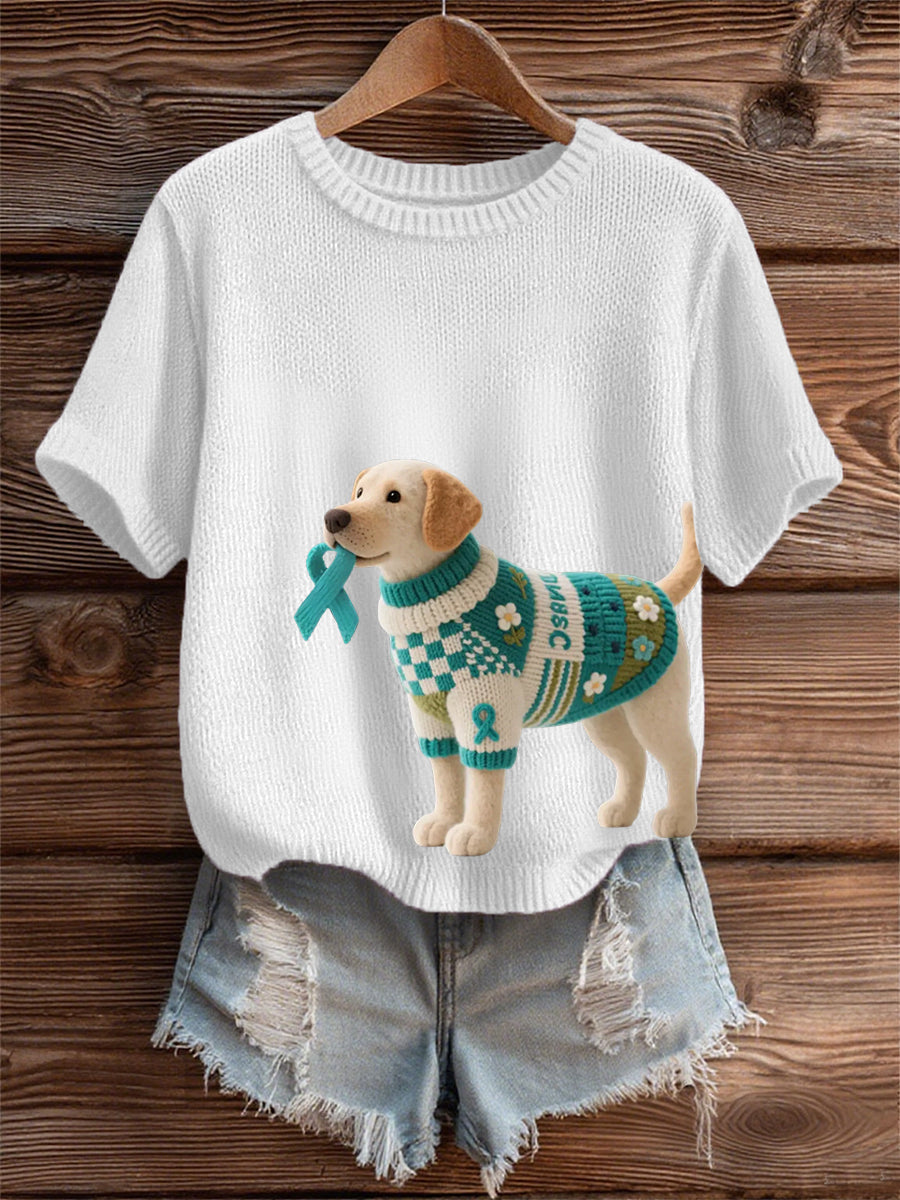 Women's Teal Ribbon Dog Print Ovarian Cancer Awareness Tee