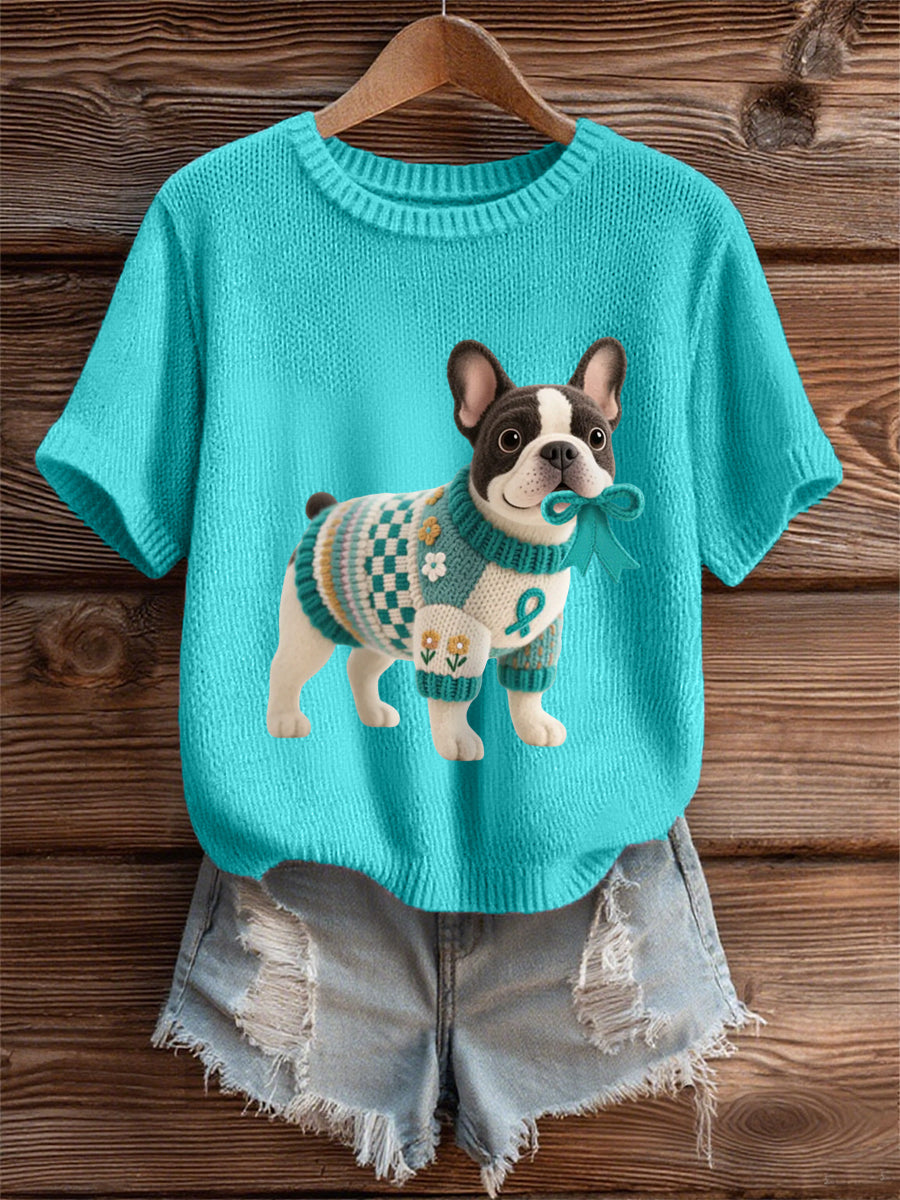 Women's Teal Dog Teal Ribbon Print Ovarian Cancer Awareness Tee