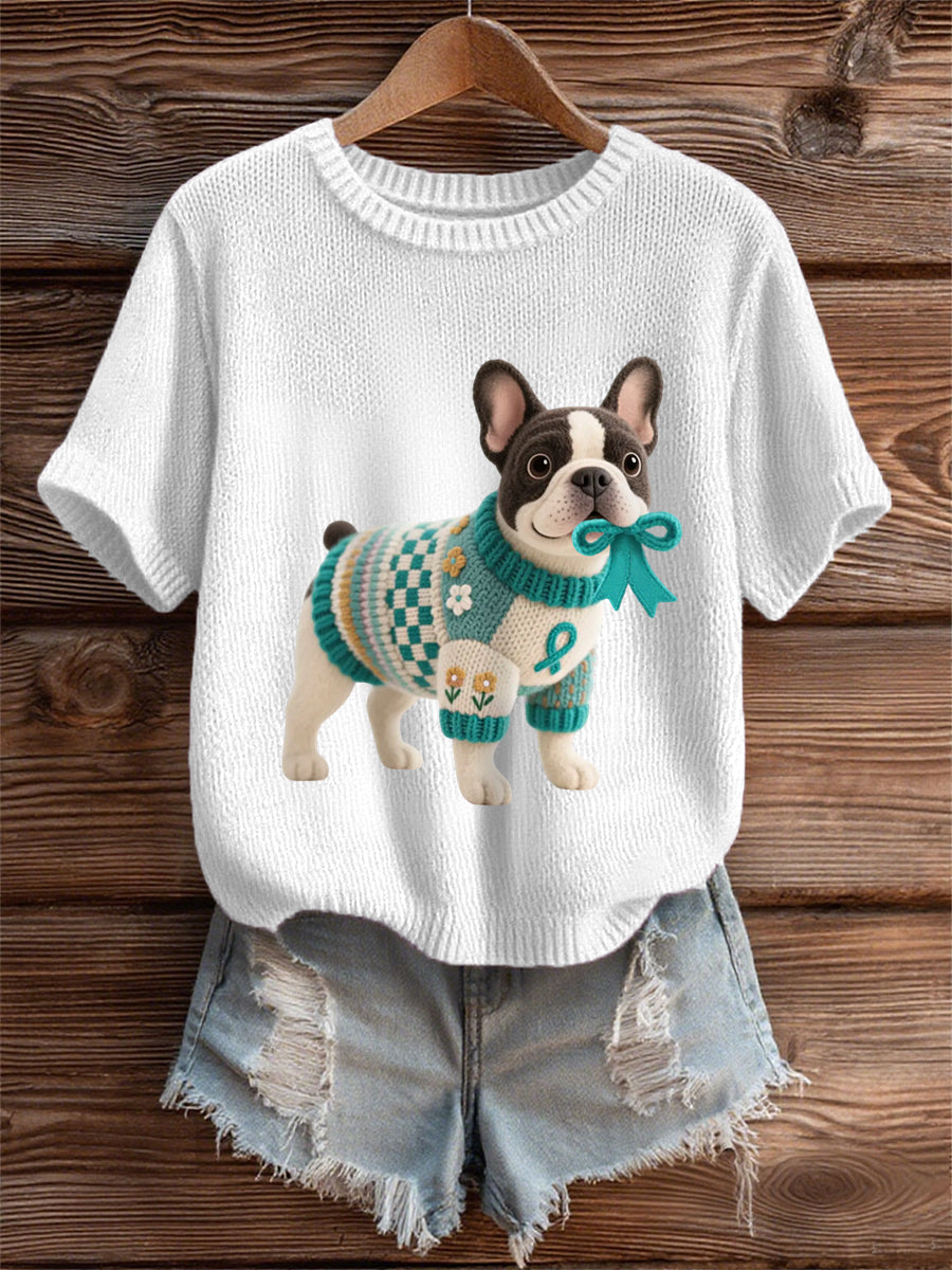 Women's Teal Dog Teal Ribbon Print Ovarian Cancer Awareness Tee
