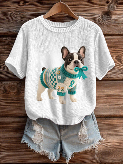 Women's Teal Dog Teal Ribbon Print Ovarian Cancer Awareness Tee