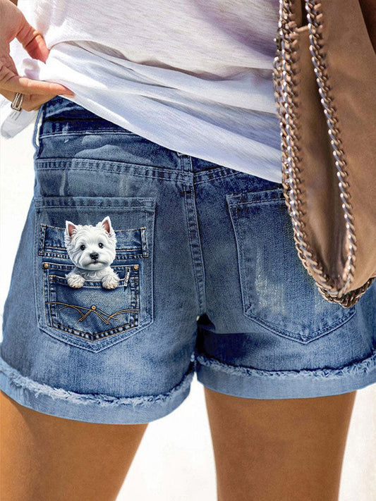 Women's Schnauzer Print Denim Shorts