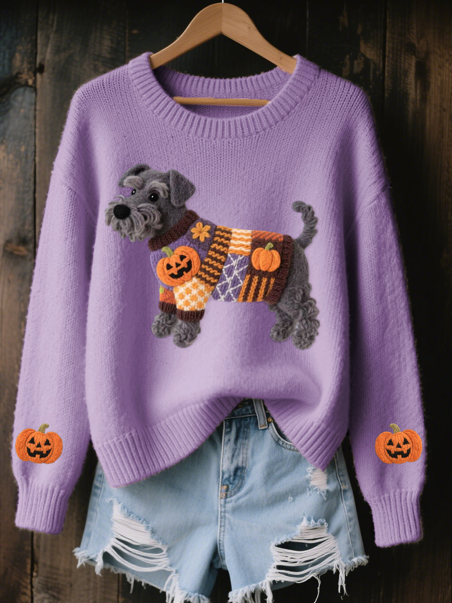 Women’s Halloween Inspired Schnauzer Dog Felt Art Cozy Knit Sweater Purple / S