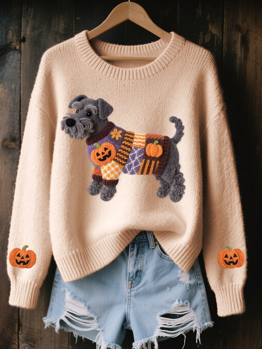 Women’s Halloween Inspired Schnauzer Dog Felt Art Cozy Knit Sweater Apricot / S