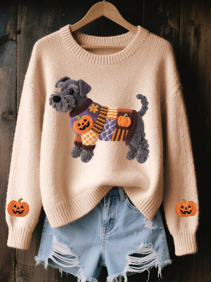 Women's Halloween Inspired Schnauzer Dog Felt Art Cozy Knit Sweater