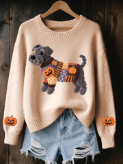 Women’s Halloween Inspired Schnauzer Dog Felt Art Cozy Knit Sweater Apricot / S