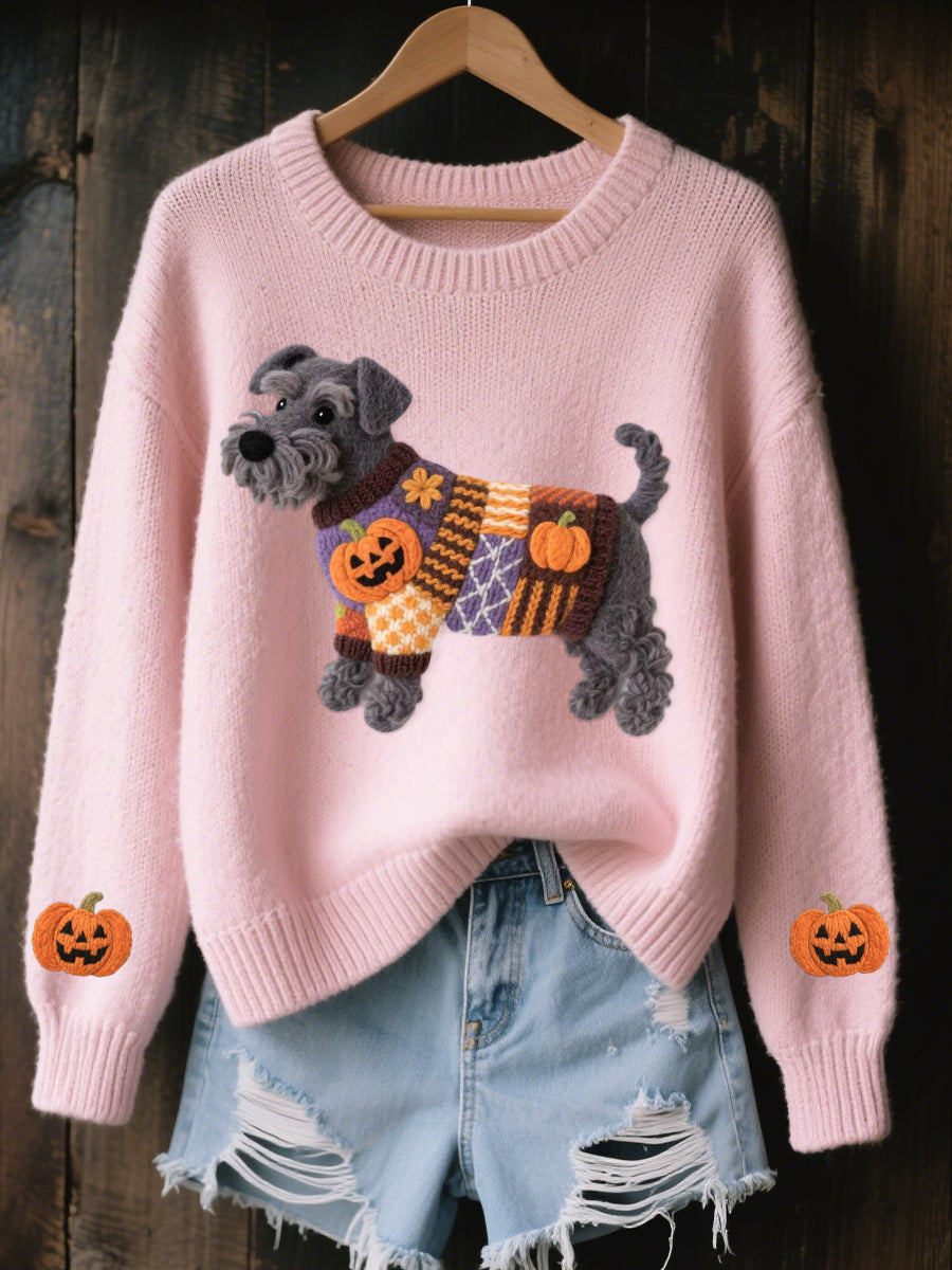 Women’s Halloween Inspired Schnauzer Dog Felt Art Cozy Knit Sweater Pink / S