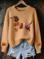 Women’s Halloween Inspired Dachshund Felt Art Cozy Knit Sweater Light Brown / S