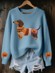 Women’s Halloween Inspired Dachshund Felt Art Cozy Knit Sweater Blue / S