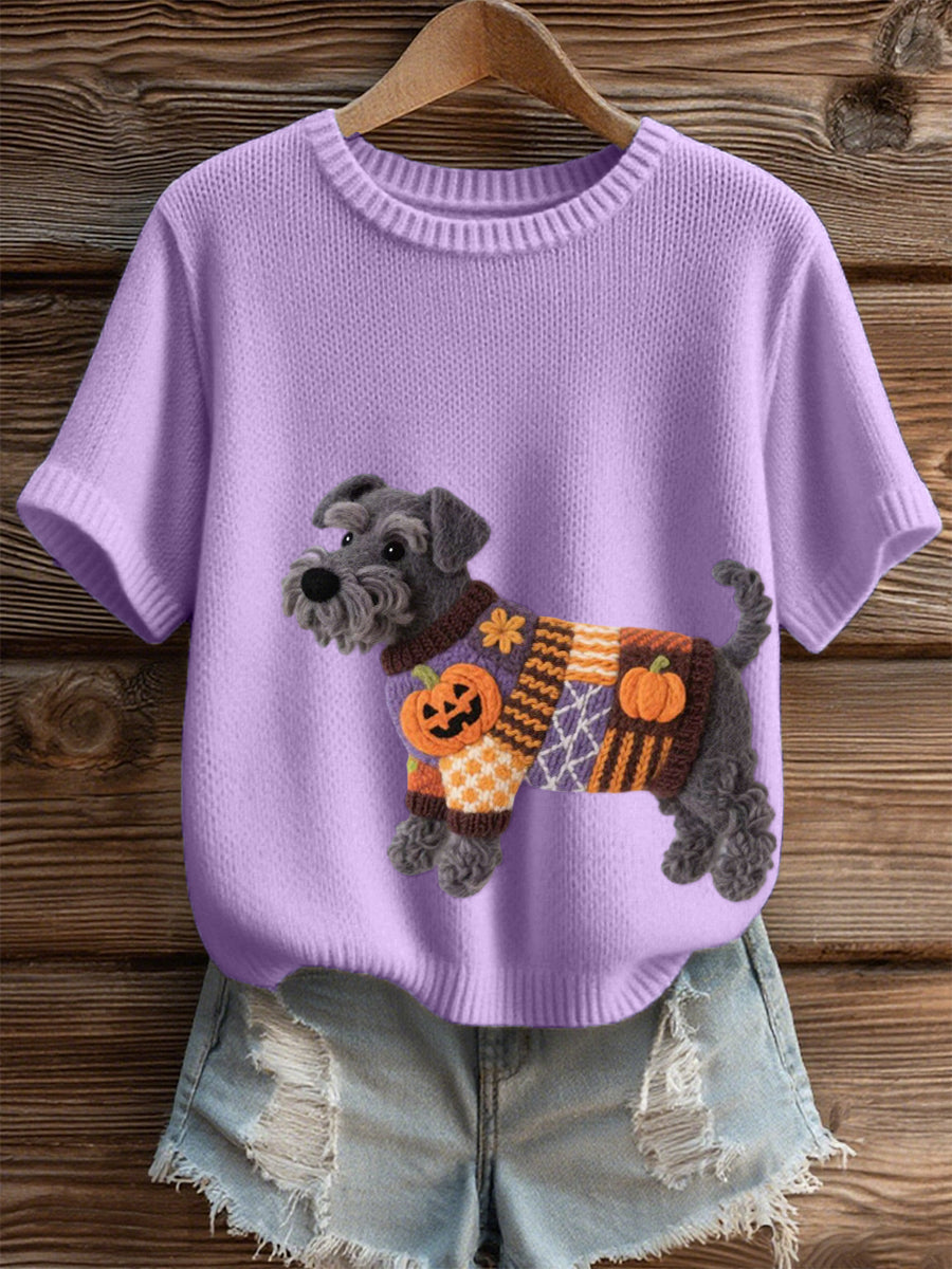 Women's Halloween Inspired Schnauzer Dog Felt Art Cozy Knit Top