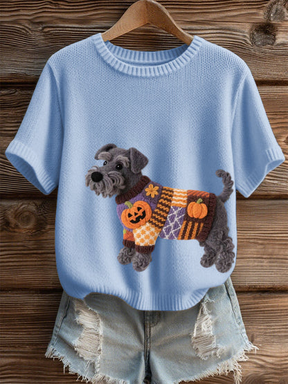 Women's Halloween Inspired Schnauzer Dog Felt Art Cozy Knit Top