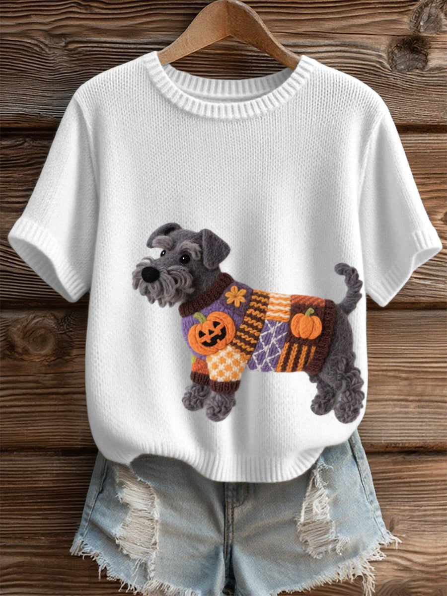 Women's Halloween Inspired Schnauzer Dog Felt Art Cozy Knit Top