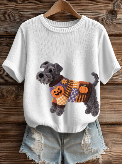 Women's Halloween Inspired Schnauzer Dog Felt Art Cozy Knit Top