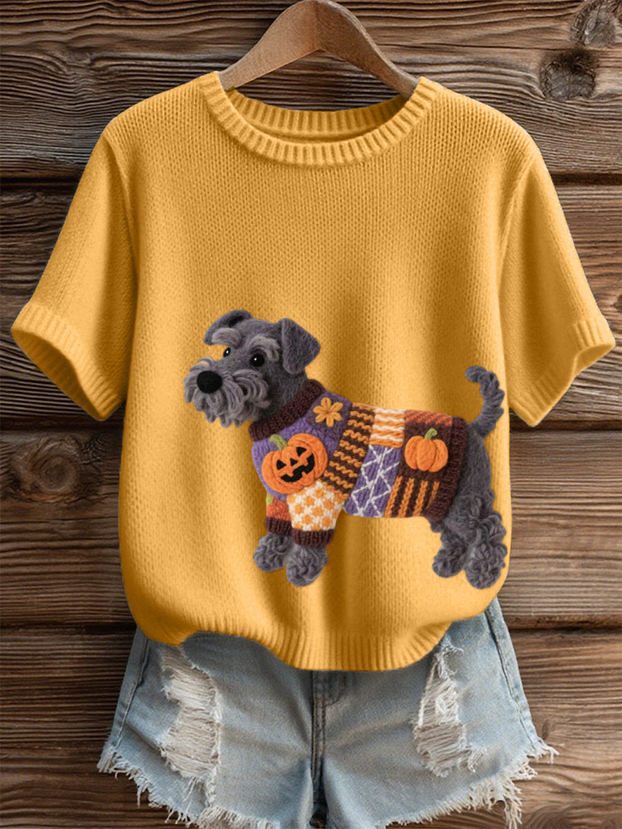 Women's Halloween Inspired Schnauzer Dog Felt Art Cozy Knit Top
