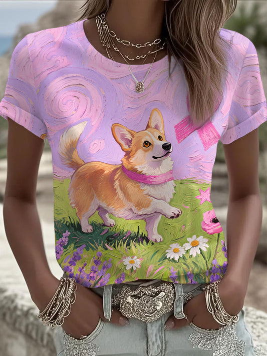Women's Pink Ribbon and Dog Print Casual T-shirt