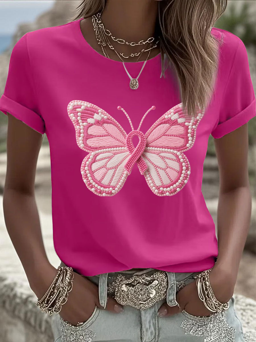 Women's Pink Butterfly Print Casual T-shirt