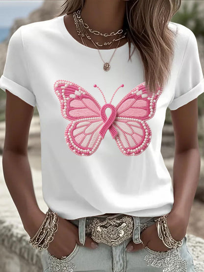 Women's Pink Butterfly Print Casual T-shirt