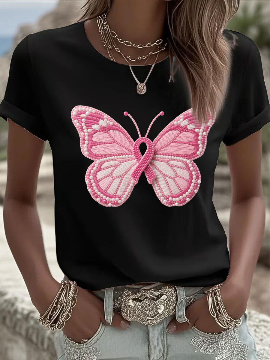 Women's Pink Butterfly Print Casual T-shirt