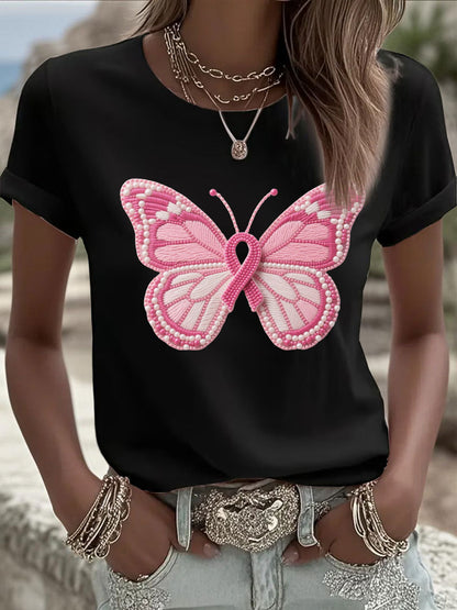 Women's Pink Butterfly Print Casual T-shirt