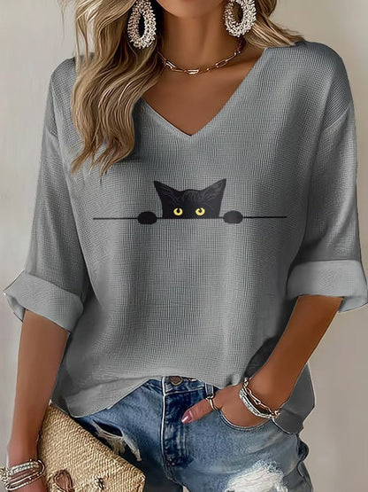 Women's Cat Print Waffle T-shirt