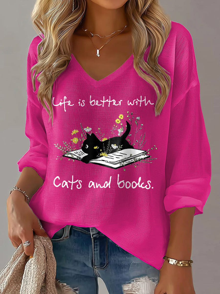 Women's Cat Lover V-neck Long Sleeve T-shirt