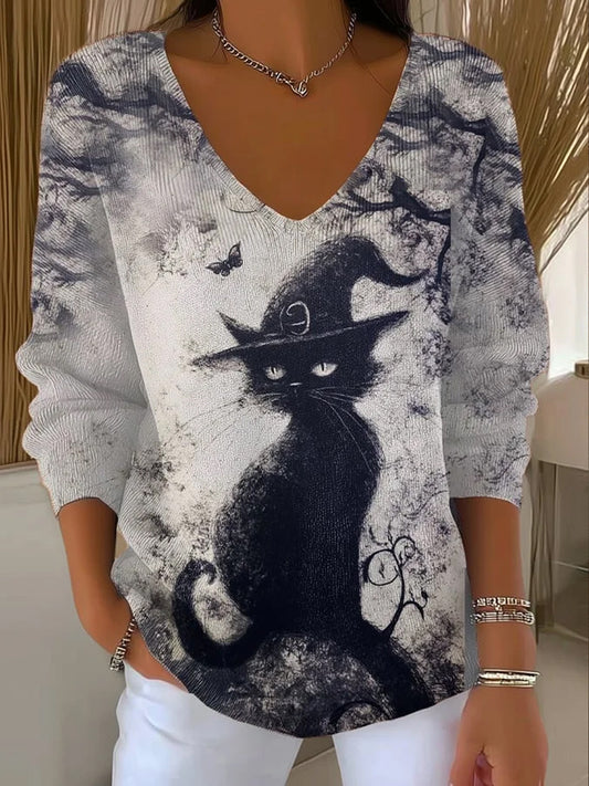 Women's Halloween Witch Cat Art  V-Neck Ribbed Top