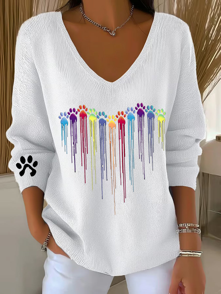 Women's  Colorful Dog Heart Paw Print Casual V-Neck Ribbed Top