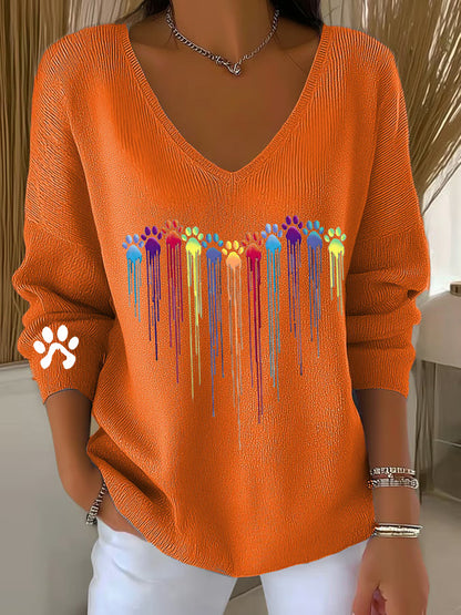 Women's  Colorful Dog Heart Paw Print Casual V-Neck Ribbed Top