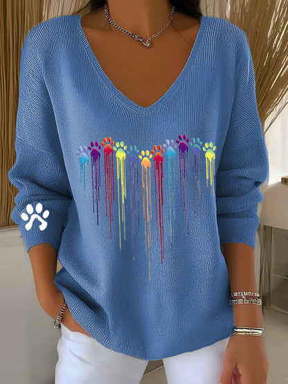 Women's  Colorful Dog Heart Paw Print Casual V-Neck Ribbed Top