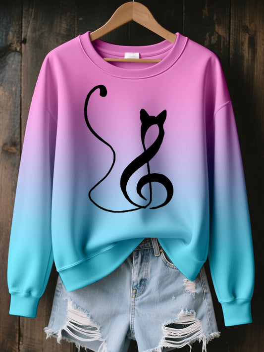 Women's Music Note Inspired Cat Print Contrast Color Sweatshirt