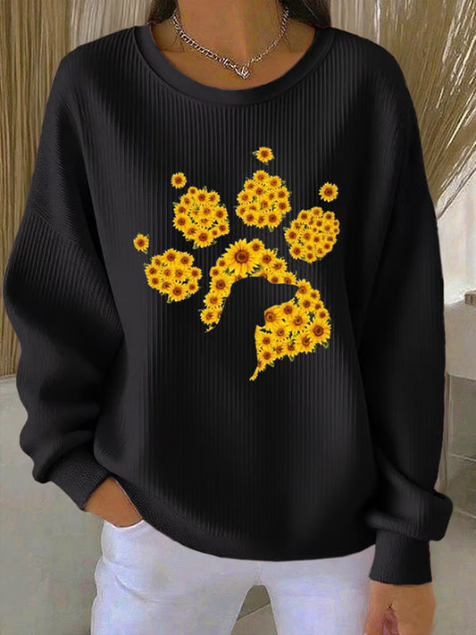 Women's Retro Floral Dog Print  Crew Neck Long Sleeve Sweats
