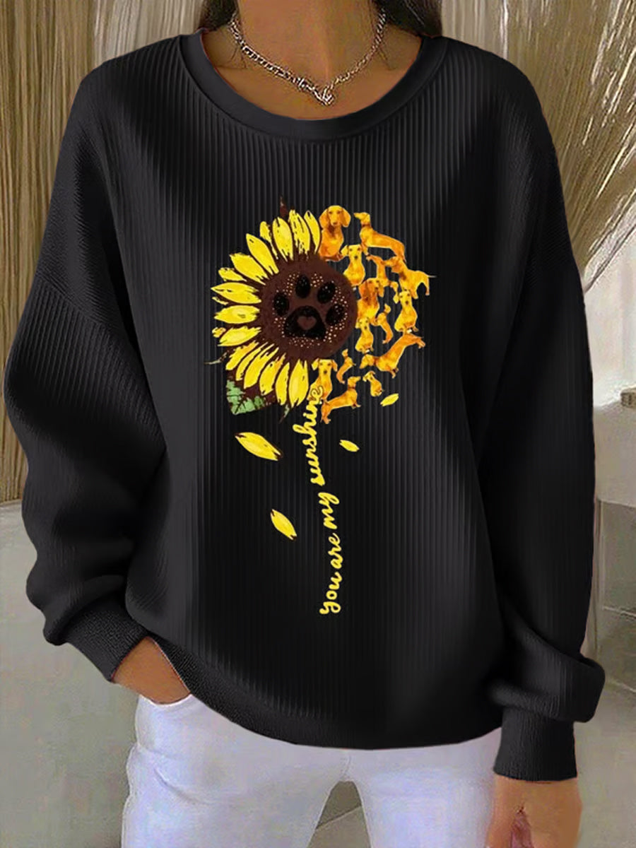 Women's Retro Floral Dog Print Crew Neck Long Sleeve Sweats