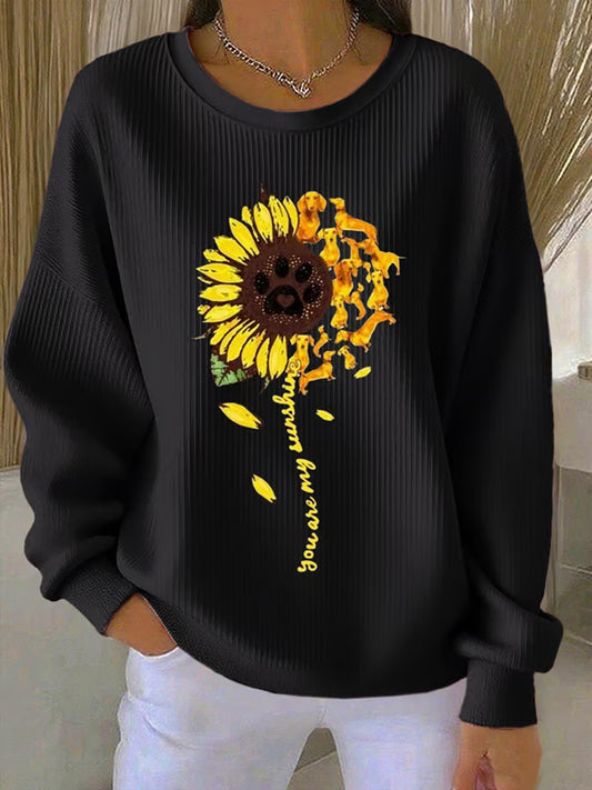 Women's Retro Floral Dog Print Crew Neck Long Sleeve Sweats