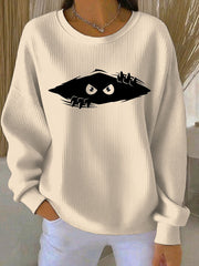 Women’s cutu cat Printed Vintage Casual Loose Long Sleeve Top Creamy-White / S