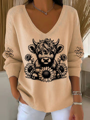 Women’s Highland Cow Print Casual Top Khaki / S
