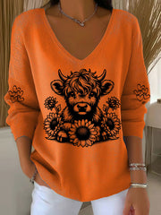Women’s Highland Cow Print Casual Top Orange / S