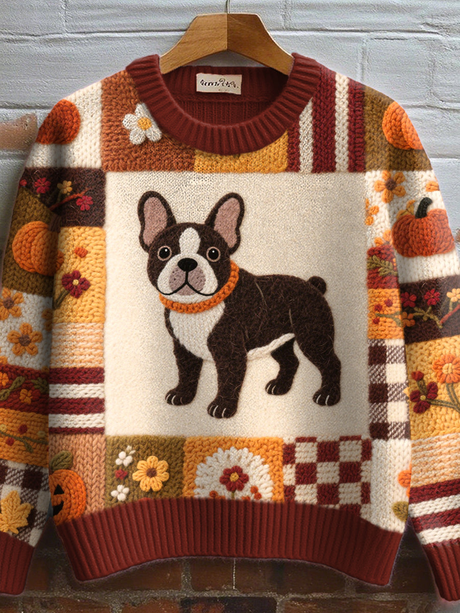 Women's Halloween Inspired French Bulldog Pattern Felt Art Cozy Knit Sweater