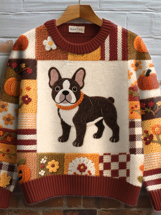Women's Halloween Inspired French Bulldog Pattern Felt Art Cozy Knit Sweater