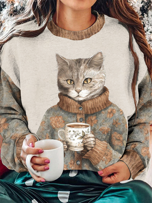 Women's Cat Printed Regular Sweatshirt